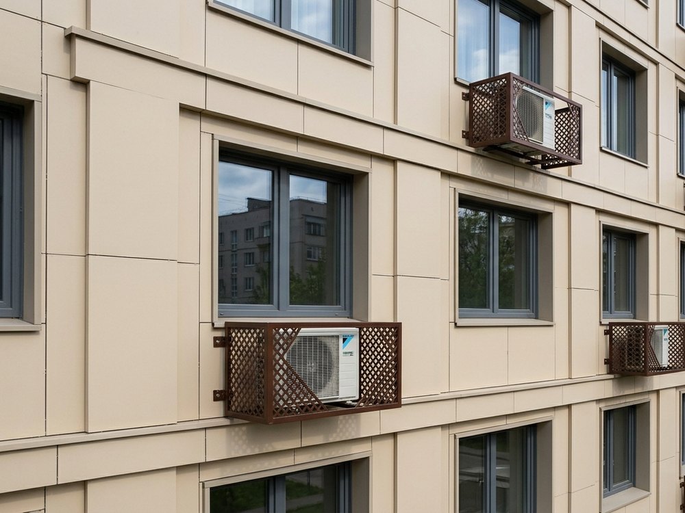 Фасад дома с декоративными корзинами под наружные блоки кондиционеров