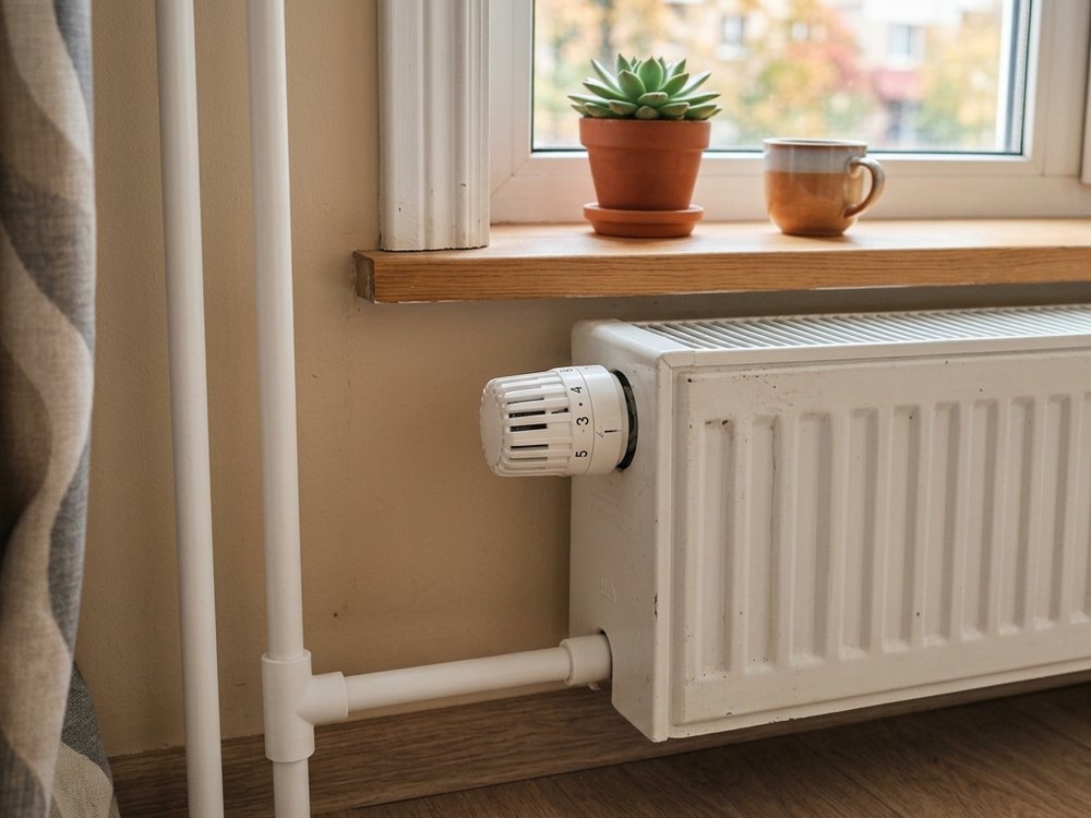 Радиатор отопления с термостатической головкой под подоконником в квартире