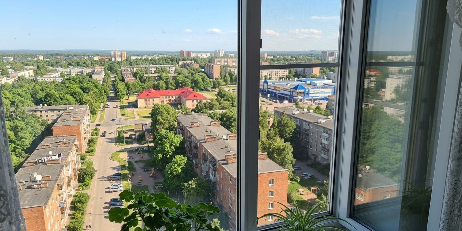 Смоделированный вид с шестого этажа на юг: улица между домами, дворы с детскими площадками, деревья вдоль проезда
