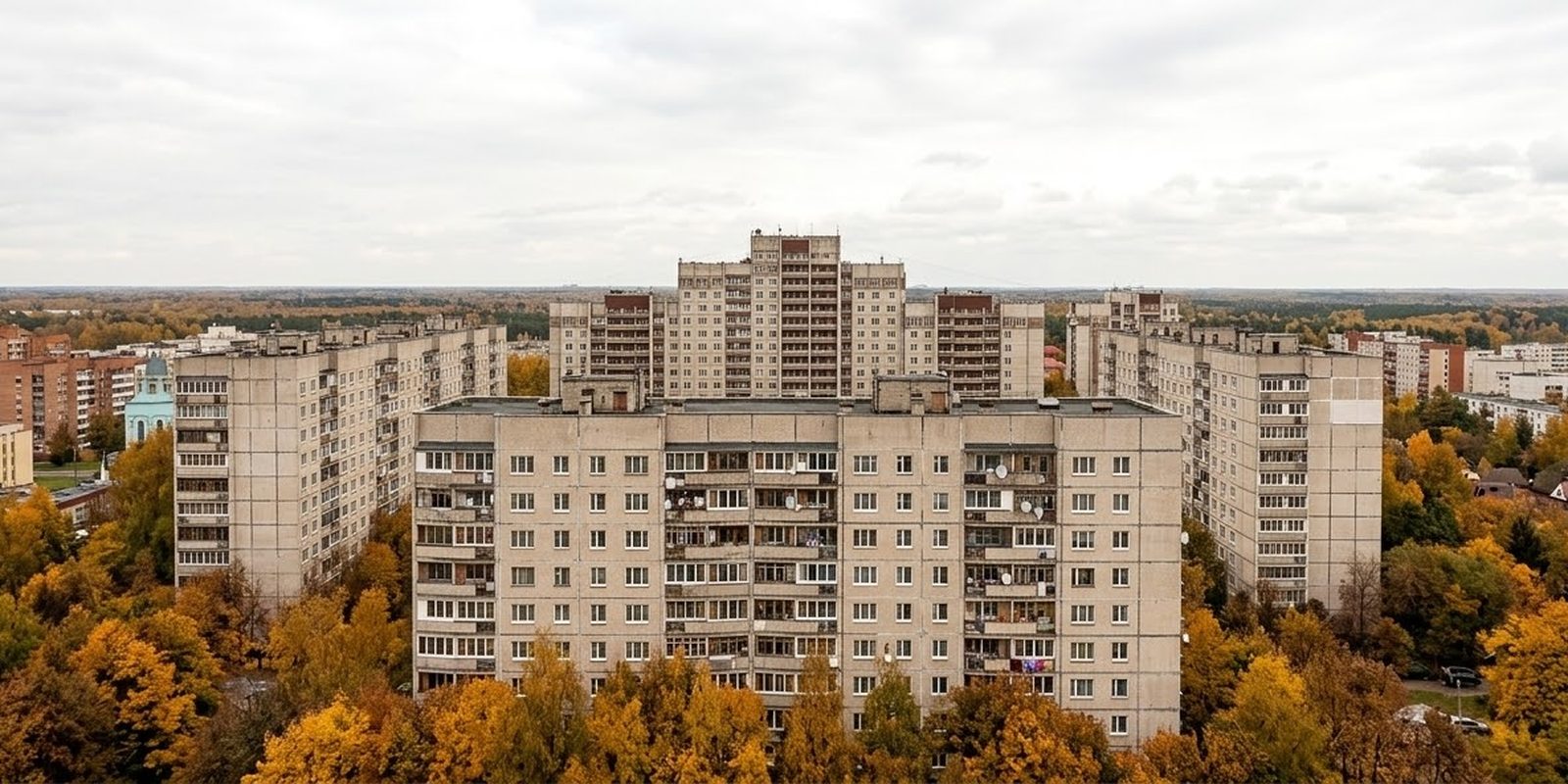Смоделированный вид с девятого этажа на восток: кварталы жилых домов среди деревьев, лес до горизонта